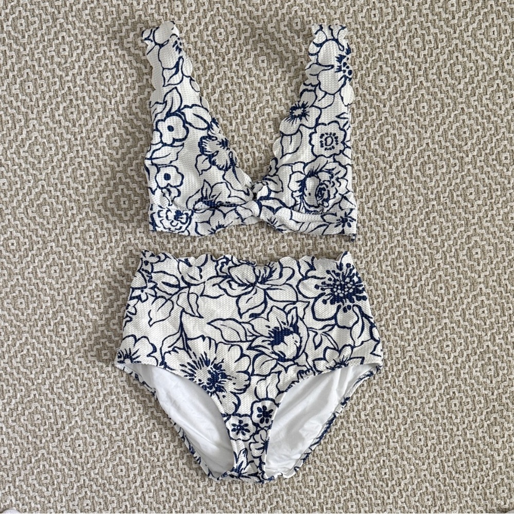 aerie White and Navy Floral High-Waist Bikini Set